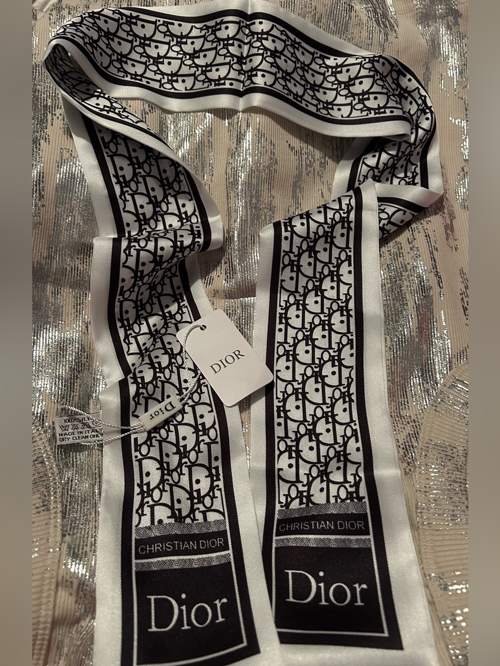 CD Stunning 100% Silk Twilly White with Black repeating Dior Logo! Classy